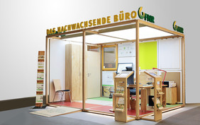 Der Messestand „Das Nachwachsende Büro“ zeigt biobasierte Lösungen für Mobiliar, Wand- und Deckengestaltung sowie im Bereich der Büro-Utensilien. Quelle: allefarben-foto - Papenfuss/FNR